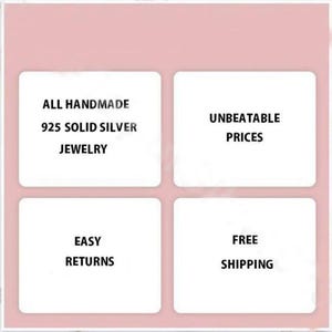 Pode incluir: Imagem com quatro ret&acirc;ngulos brancos sobre um fundo rosa. Os ret&acirc;ngulos exibem texto: "ALL HANDMADE 925 SOLID SILVER JEWELRY", "UNBEATABLE PRICES", "EASY RETURNS" e "FREE SHIPPING".