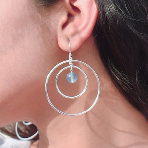 Huge Aqua Chalcedony Bead Gemstone Sterling Silver Drop Earrings For Women's Dangle Teardrop Earrings with Handmade Two Circle Earrings Gift