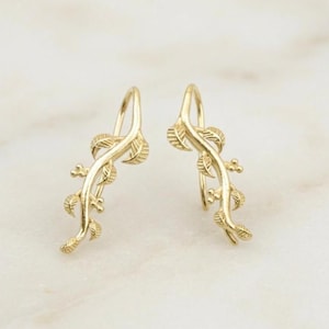 925 Sterling Silver Olive Branch Ear Climbers, Gold Plated Vine Leaf Ear Crawlers, Botanical Vine Earrings, Nature Inspired Jewelry