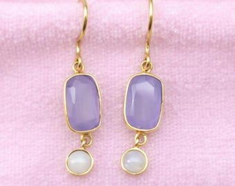 Lavender Chalcedony Dangle Earrings, Real Ethiopian Opal Jewelry, Purple Gemstone, Minimalist Two Stone Earrings