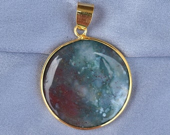 Natural Moss Agate Pendant, Gemstone Jewelry, Moss Agate Pendant, 18k Gold Fill & 925 Sterling Silver, Christmas Gift, Round Agate Pendant