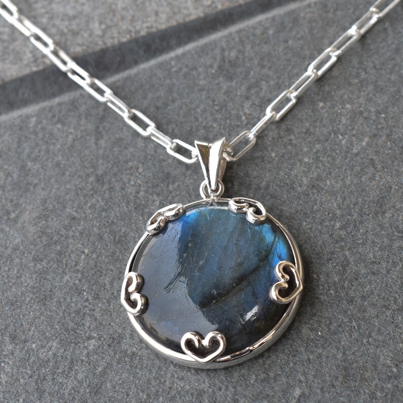 Labradorite Round Cabochon Pendant Necklace Natural Genuine AAA Labradorite Pendant Necklace Sterling Silver Pendant Labra Boho Necklace