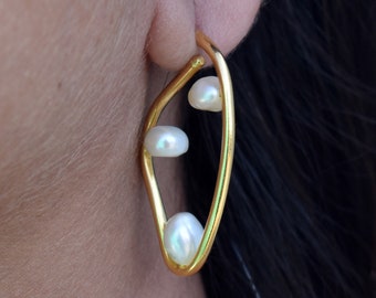 Amazing Baroque Pearl White Gemstone Gold Filled in Sterling Silver Stud Earrings For Women&#39;s Geometric Long Delicate Push Back Jewelry Gift