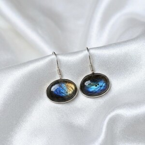 Natural Labradorite Earrings, 925 Sterling Silver Dangle Earrings, Oval Blue Flash Gemstone Jewelry, Handmade Gift for Her, Boho Earrings.