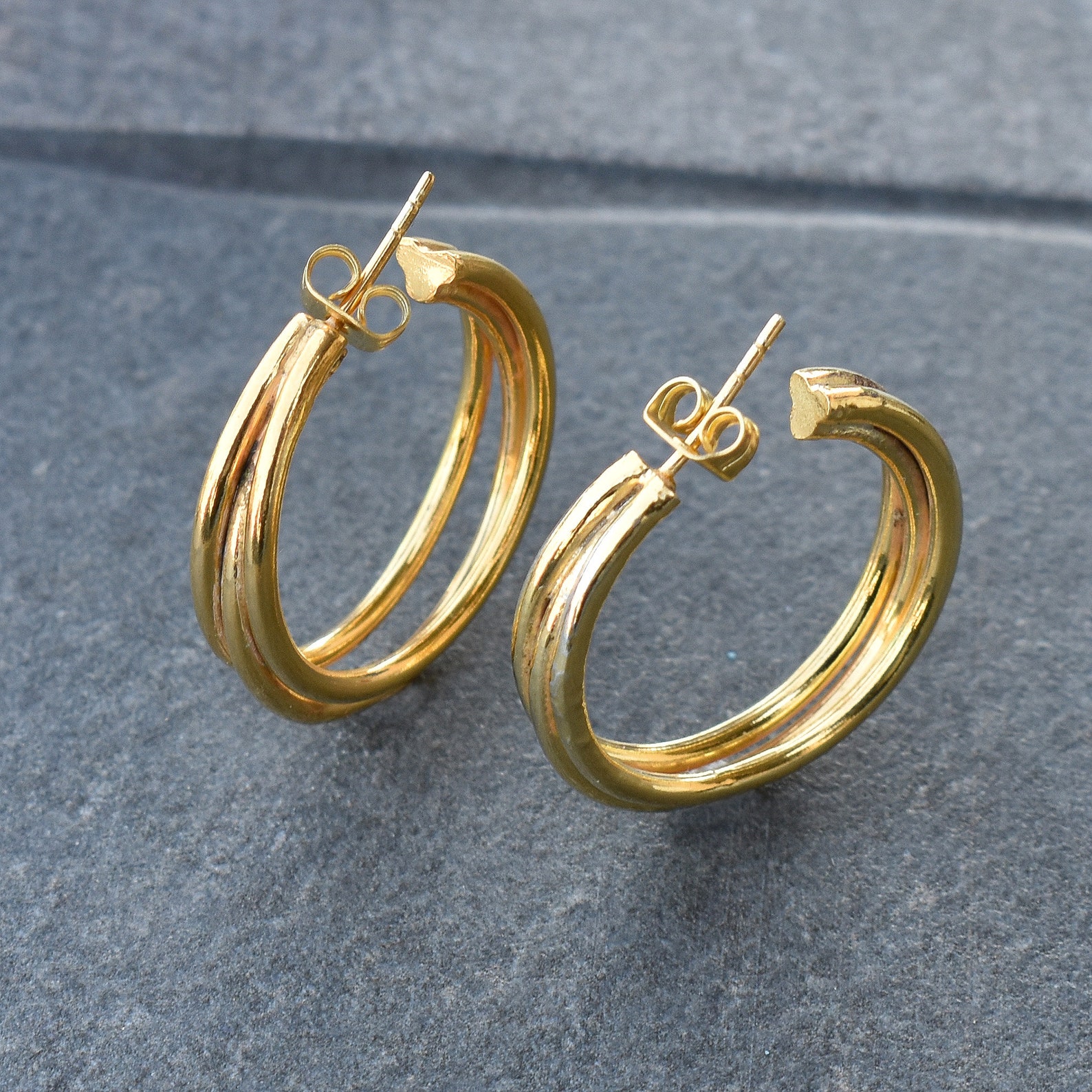 18k Gold Filled Triple Hoop Earrings 30mm Medium Size Chunky | Etsy