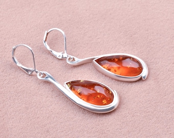 Baltic Amber Earrings, 925 Sterling Silver Teardrop Dangle Earrings, Handmade Cognac Amber Jewelry, Unique Birthday Gift For Her