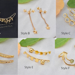 Or 18 carats rempli sur argent / boucles d'oreilles sur chenilles / boucles d'oreilles câlin d'oreille délicat / boucles d'oreilles de mariage de demoiselle d'honneur de bal grimpeur de branche d'olivier image 2