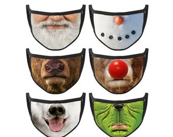 Funny Christmas Face Mask Secret Santa Gift for Men or Women, Xmas Holiday Novelty Face Cover Washable The Grinch, Rudolph, Santa