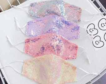 Iridescent Sequin Face Mask, Sparkly Women Girl's Fashion Glitter Face Mask, Reusable, Washable Face Covering Bling Festival Sequin UK