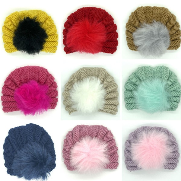 Baby Turban, Tricot Bébé Chapeau, Turbans Filles, Pom Pom Turbans, Cadeau Baby Shower, Cadeau Nouveau-né