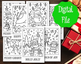Cartoline natalizie da colorare per bambini / 7 disegni / Artigianato natalizio / Divertimento natalizio scaricabile / Cartolina di Natale stampabile per bambini