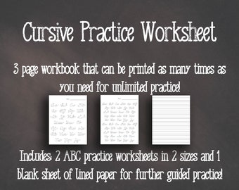 Könnte beinhalten: Ein Schwarzweißbild eines Arbeitsblattes zum Üben der Schreibschrift. Der Text auf dem Bild lautet "Cursive Practice Worksheet" und "3 page workbook that can be printed as many times as you need for unlimited practice!" und "Includes: 2 ABC practice worksheets in 2 sizes and 1 blank sheet of lined paper for further guided practice!"