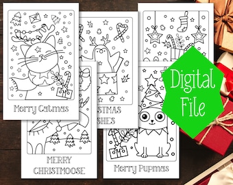 Christmas Coloring Cards for Kids | 5 Cute Animal Designs | Holiday Craft | Downloadable Christmas Fun | Printable Christmas Card for Kids