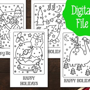 Cartões para colorir de Natal de dinossauros para crianças | 4 projetos | Artesanato de férias | Diversão de Natal para download | Cartão imprimível para crianças Dinos
