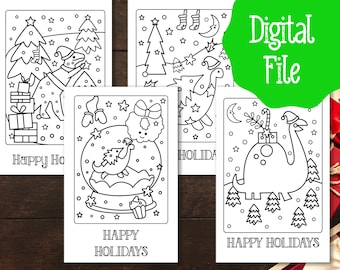 Dinosaur Christmas Coloring Cards for Kids | 4 Designs | Holiday Craft | Downloadable Christmas Fun | Printable Card for Kids Dinos