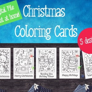 Tarjetas navideñas para colorear / 5 diseños / Manualidades navideñas / Diversión navideña descargable / Tarjeta navideña imprimible para niños