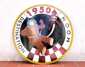 Zeldzame oude vintage Tintin Adventures 'Destination Moon' geëmailleerd reclamebord
