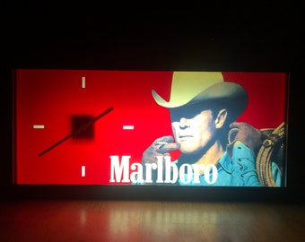 Horloge et enseigne lumineuse publicitaire vintage rare Marlboro Man Cigarettes pour voiture de course