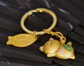Portachiavi Maneki Neko placcato oro – Ciondolo giapponese a forma di gatto portafortuna