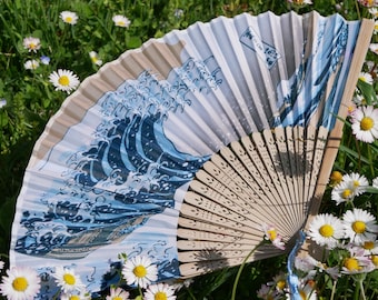 Handgemaakte Japanse waaier – Kanagawa Wave, bamboestof, decoratief cadeau
