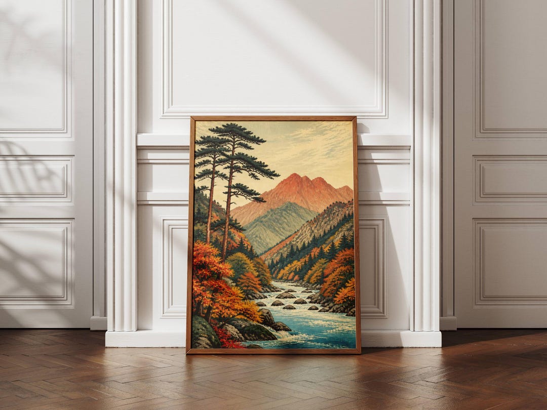 Japanese Autumn Landscape Poster | Big Tree Mountain River Wall Art ...