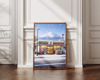 Japan 7-Eleven Poster, Mount Fuji & Winter Wall Art, Japanese Convenience Store Print, Tokyo Street Decor, Japan Gift, Japan Souvenir