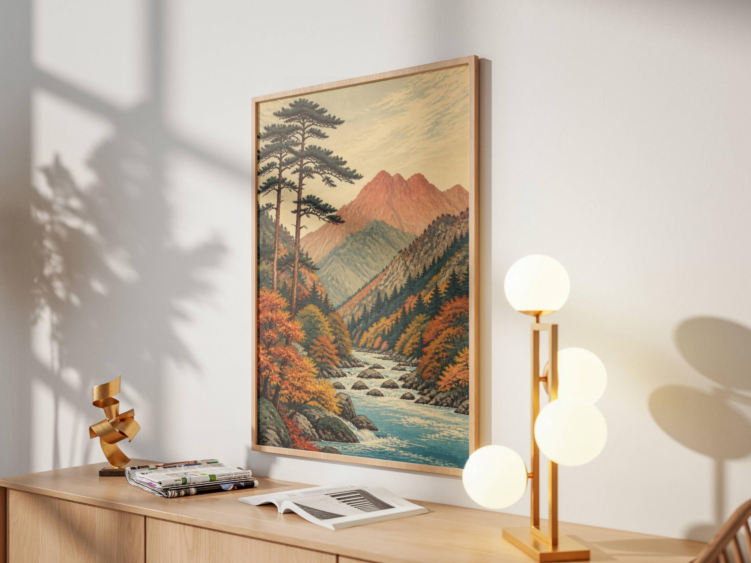 Japanese Autumn Landscape Poster | Big Tree Mountain River Wall Art ...