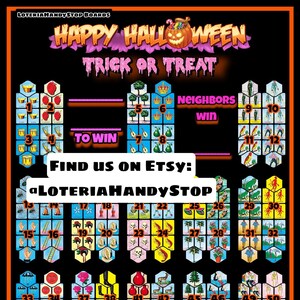 Puede incluir: Un tablero de juego de Loter&iacute;a de Halloween colorido con 52 casillas que presentan varias im&aacute;genes. El tablero es negro con acentos rosados y blancos. El texto "HAPPY HALLOWEEN TRICK OR TREAT" est&aacute; en la parte superior del tablero. El texto "FIND US ON ETSY: @LOTERIAHANDYSTOP" se repite dos veces en el tablero.