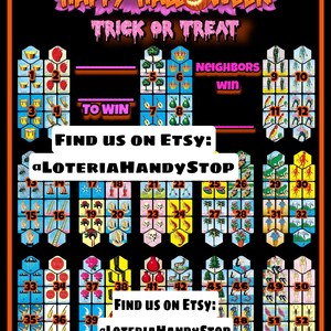Puede incluir: Un tablero de juego de Loter&iacute;a colorido con tem&aacute;tica de Halloween. El tablero presenta una calabaza con un bast&oacute;n de caramelo, las palabras "Happy Halloween" y "Trick or Treat", y 52 casillas numeradas con diferentes im&aacute;genes. El tablero est&aacute; dise&ntilde;ado para jugar al juego tradicional mexicano de Loter&iacute;a.