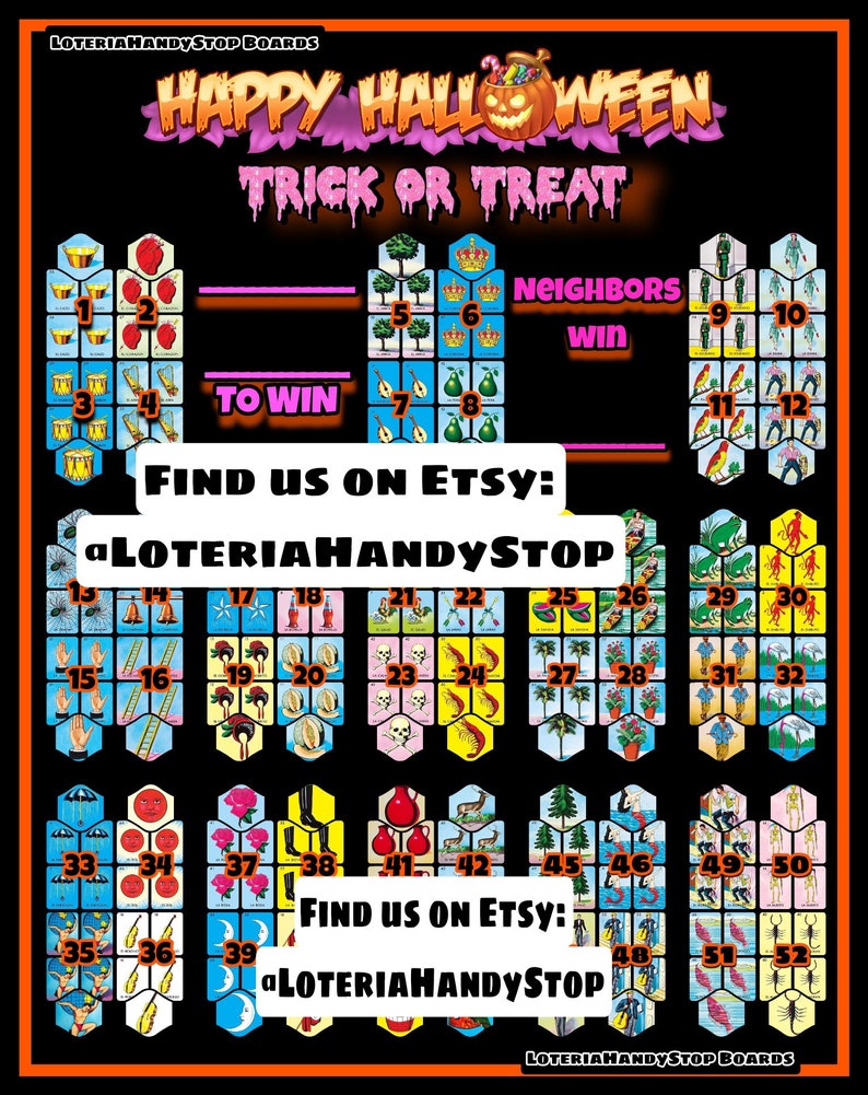 Puede incluir: Un tablero de juego de Loter&iacute;a colorido con tem&aacute;tica de Halloween. El tablero presenta una calabaza con un bast&oacute;n de caramelo, las palabras "Happy Halloween" y "Trick or Treat", y 52 casillas numeradas con diferentes im&aacute;genes. El tablero est&aacute; dise&ntilde;ado para jugar al juego tradicional mexicano de Loter&iacute;a.