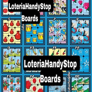 Puede incluir: Un juego de 16 cartas de Loter&iacute;a coloridas con im&aacute;genes de s&iacute;mbolos mexicanos tradicionales. Las cartas est&aacute;n dispuestas en una cuadr&iacute;cula con los n&uacute;meros del 1 al 16. Las cartas presentan im&aacute;genes como el sol, una escalera, una rosa, una jarra, un tambor, el mundo, una sirena, un gallo, un arpa, una bandera, una estrella, una maceta, un coraz&oacute;n, una ara&ntilde;a y una rana.