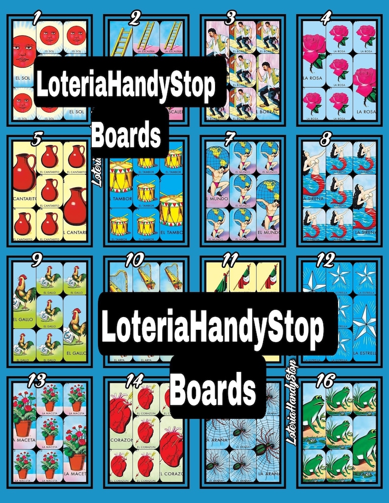 Puede incluir: Un juego de 16 cartas de Loter&iacute;a coloridas con im&aacute;genes de s&iacute;mbolos mexicanos tradicionales. Las cartas est&aacute;n dispuestas en una cuadr&iacute;cula con los n&uacute;meros del 1 al 16. Las cartas presentan im&aacute;genes como el sol, una escalera, una rosa, una jarra, un tambor, el mundo, una sirena, un gallo, un arpa, una bandera, una estrella, una maceta, un coraz&oacute;n, una ara&ntilde;a y una rana.