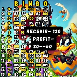Könnte beinhalten: Eine bunte Bingokarte mit den Zahlen 1-15 und einem Oster-Eier-Motiv in Gelb, Rot und Blau. Die Karte hat die Wörter "RECEVIR - 130", "PROFIT - 20 - 60" und "Loteria HandyStop Boards" aufgedruckt.