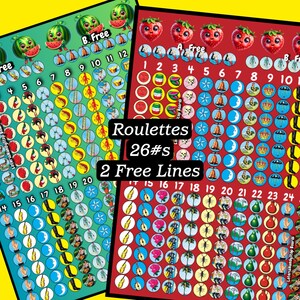 May include: Two colourful game boards with 26 numbered spaces each. The boards are red and green with various images in each space. The text "Roulettes 26#s 2 Free Lines" is printed on the boards.