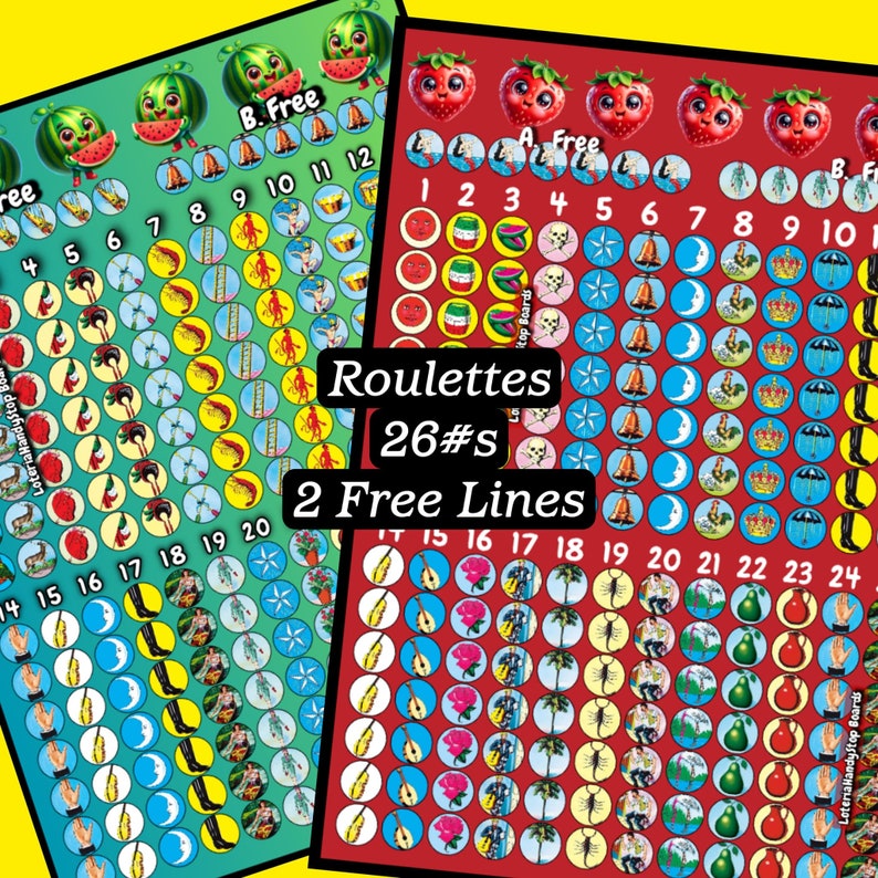 May include: Two colourful game boards with 26 numbered spaces each. The boards are red and green with various images in each space. The text "Roulettes 26#s 2 Free Lines" is printed on the boards.