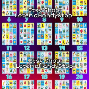 20 cartes pleines Loteria sur un plateau pour jouer
