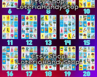 20 cartas de lotería completas en un tablero para jugar