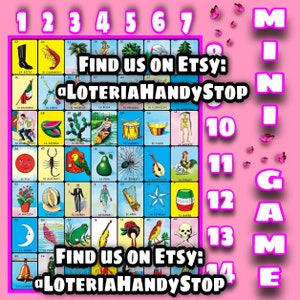 Op de afbeelding: Een kleurrijk Loteria-spelbord met afbeeldingen van traditionele Mexicaanse iconen. Het bord is roze met witte nummers 1 tot en met 14 en de woorden "MINI GAME" aan de rechterkant. Het bord is omringd door roze vlinders. De tekst "FIND US ON ETSY: @LOTERIAHANDYSTOP" staat twee keer op het bord.