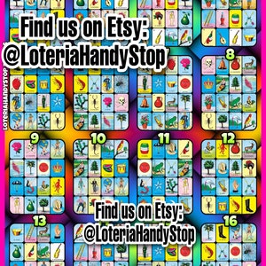 Puede incluir: Un tablero de juego de Loter&iacute;a colorido con 16 casillas, cada una con una imagen diferente. Las im&aacute;genes incluyen una calavera, una rana, una sand&iacute;a, una campana, una guitarra, una escalera, una pera, un camar&oacute;n, un cactus, un tambor, una corona, un ciervo, una flor, un p&aacute;jaro, un hombre, una mujer y una botella. El tablero est&aacute; rodeado por un borde rosa, amarillo y azul. El texto "Find us on Etsy: @LoteriaHandyStop" aparece dos veces en el tablero.