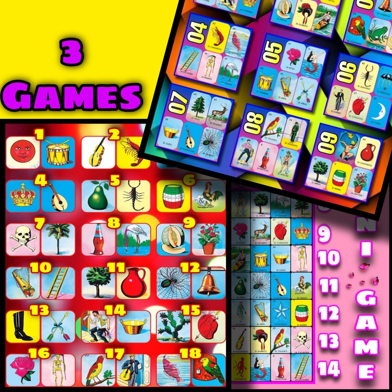 Op de afbeelding: Drie kleurrijke spelborden met afbeeldingen van verschillende objecten, waaronder een schedel, een ladder, een peer, een schorpioen, een haan, een bel, een cactus, een hart, een papegaai, een gitaar, een fles, een spin, een kroon, een roos, een trommel, een skelet, een palmboom, een paar laarzen, een kan, een meloen, een man met een hoed, een paar pijlen, een vogel op een tak en een rood gezicht. De borden zijn genummerd van 1 tot en met 18.