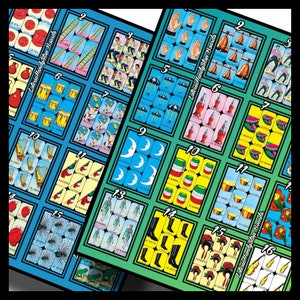 Puede incluir: Dos tableros de juego verde y azul con ilustraciones coloridas de varios objetos. Los tableros est&aacute;n etiquetados "Loteria Handystop Boards".