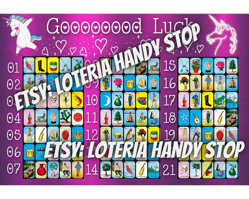 May include: A colorful Loteria game board with 21 squares, each featuring a different image. The board is purple with a pink border and the words "Goooooood Luck" and "ETSY: LOTERIA HANDY STOP" are printed on the top. The board is surrounded by a pink background with white hearts and unicorns.