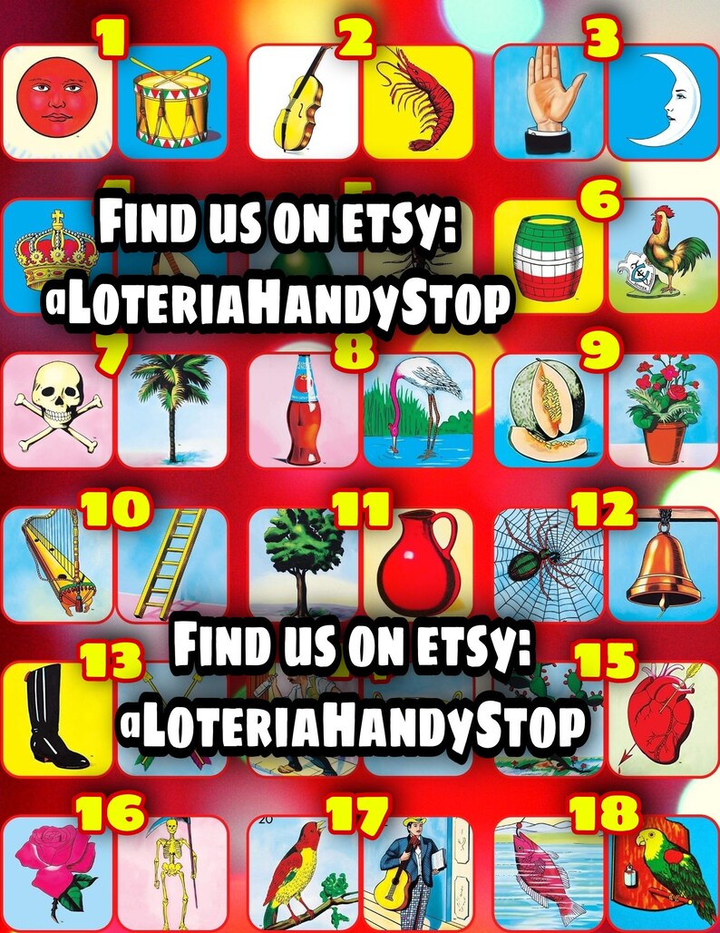 Op de afbeelding: Een kleurrijk Loteria-spelbord met 18 vakjes, elk met een ander beeld. De afbeeldingen omvatten een schedel met gekruiste beenderen, een haan, een ladder, een hart, een bel, een meloen, een gitaar, een roos, een kan, een garnaal, een maan, een trommel, een boom, een flamingo, een laars, een skelet, een vogel en een vis. Het bord is omgeven door een rode rand en de tekst "FIND US ON ETSY: @LOTERIAHANDYSTOP" staat twee keer op het bord.