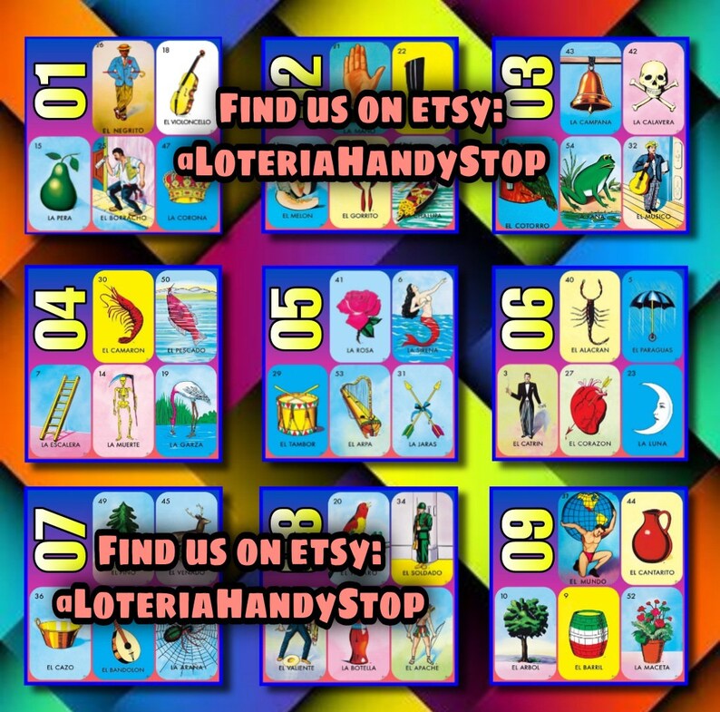 Op de afbeelding: Een set van 9 kleurrijke kaarten met afbeeldingen en Spaanse tekst. Elke kaart heeft een nummer van 01 tot 09. De kaarten maken deel uit van een traditioneel Mexicaans spel genaamd Loteria. De tekst op de kaarten is "Find us on Etsy: @LoteriaHandyStop".
