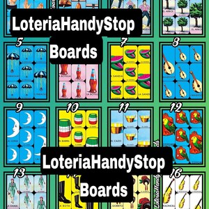 Puede incluir: Un juego de 16 cartas coloridas con im&aacute;genes de s&iacute;mbolos tradicionales del juego mexicano de Loter&iacute;a. Las cartas est&aacute;n numeradas del 1 al 16 y presentan im&aacute;genes como una luna, una botella, una sand&iacute;a, un &aacute;rbol, una guitarra, un loro, una bota y un sombrero. Las cartas est&aacute;n dispuestas en una cuadr&iacute;cula y tienen un fondo verde.