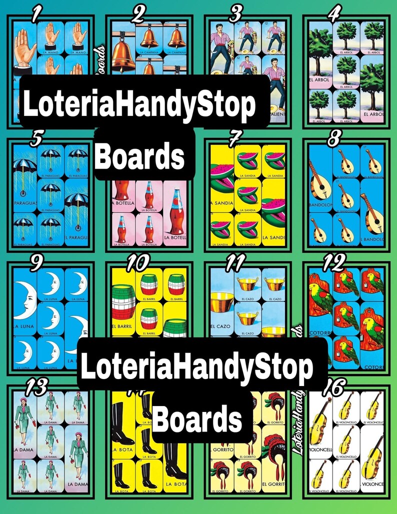 Puede incluir: Un juego de 16 cartas coloridas con im&aacute;genes de s&iacute;mbolos tradicionales del juego mexicano de Loter&iacute;a. Las cartas est&aacute;n numeradas del 1 al 16 y presentan im&aacute;genes como una luna, una botella, una sand&iacute;a, un &aacute;rbol, una guitarra, un loro, una bota y un sombrero. Las cartas est&aacute;n dispuestas en una cuadr&iacute;cula y tienen un fondo verde.