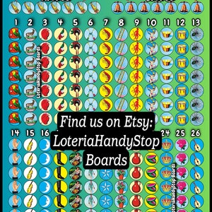 May include: A colourful Loteria game board with 26 circles, each containing a different image. The board is divided into two sections, labelled "A. Free" and "B. Free". The images include a parrot, a deer, a heart, a flag, a hand, a moon, a boot, a woman, a star, a flower pot, a watermelon, a crown, and a guitar. The text "Find us on Etsy: LoteriaHandyStop Boards" is printed on the board.