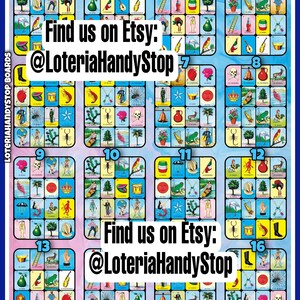 Puede incluir: Un tablero de juego de Loteria colorido con 16 casillas, cada una con una imagen diferente. El tablero est&aacute; dividido en cuatro filas de cuatro casillas. Las im&aacute;genes incluyen una sand&iacute;a, un gallo, una escalera, una campana, una calavera, una corona, una rana, un escorpi&oacute;n, un tambor, un loro, un cactus, un camar&oacute;n, una bota, una guitarra, una pera y una mano. El tablero est&aacute; rodeado por un borde azul con el texto "LoteriaHandyStop Boards" en la parte inferior.