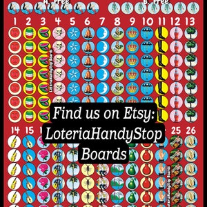 May include: A red background with a grid of 26 colourful circles. Each circle contains a different image, such as a watermelon, a skull, a bell, a moon, a crown, a boot, a bottle of soda, a tree, a guitar, a rose, a palm tree, a scorpion, a man with a fishing pole, a pear, a hand, and a melon. The text "Find us on Etsy: LoteriaHandyStop Boards" is written in black letters on a white background.