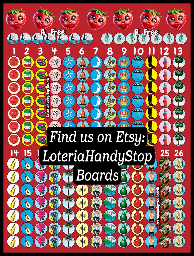 May include: A red background with a grid of 26 colourful circles. Each circle contains a different image, such as a watermelon, a skull, a bell, a moon, a crown, a boot, a bottle of soda, a tree, a guitar, a rose, a palm tree, a scorpion, a man with a fishing pole, a pear, a hand, and a melon. The text "Find us on Etsy: LoteriaHandyStop Boards" is written in black letters on a white background.
